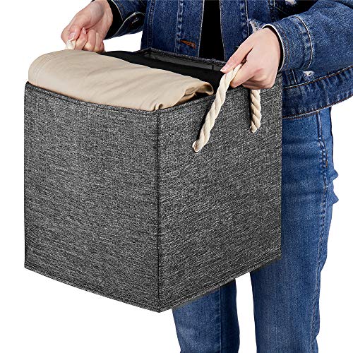 Foldable Fabric Storage Cube Bins Grey Cloth Cube Storage Organizer Bin with Cotton Rops 10.5x10.5x11 Inch Collapsible Clothes Storage Cubes Baskets Drawers Organizer Cubicle Storage Boxes for Organizing Closet Shelves ,Q-ST-59-4