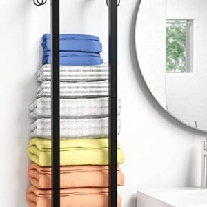 YEMUNY Towel Rack Wall Mounted, Bathroom Towel Holder with Mesh Shelf and 4 Hooks, Metal Towel Storage Organizer Wall can Holds up to 7 Large Size (54 x27 Inch) Rolled Towels, Black