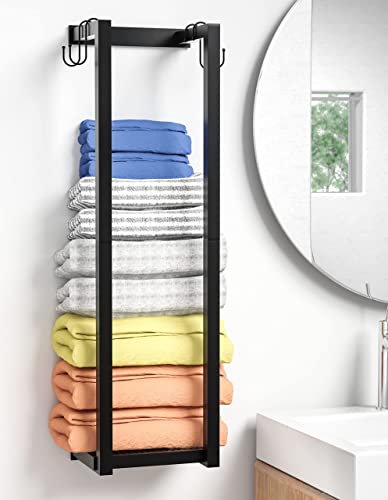 YEMUNY Towel Rack Wall Mounted, Bathroom Towel Holder with Mesh Shelf and 4 Hooks, Metal Towel Storage Organizer Wall can Holds up to 7 Large Size (54 x27 Inch) Rolled Towels, Black