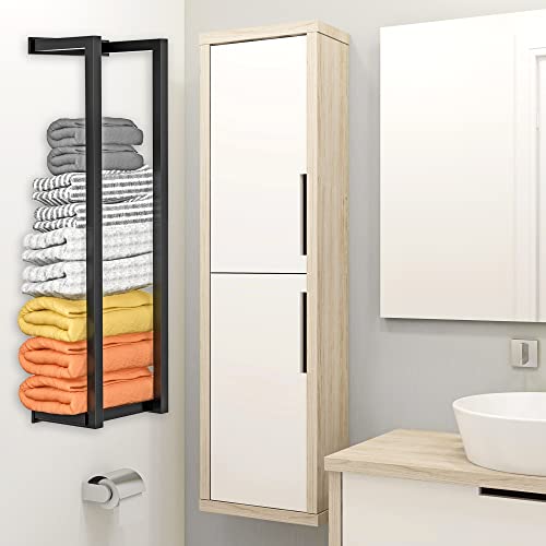 YEMUNY Towel Rack Wall Mounted, Bathroom Towel Holder with Mesh Shelf and 4 Hooks, Metal Towel Storage Organizer Wall can Holds up to 7 Large Size (54 x27 Inch) Rolled Towels, Black