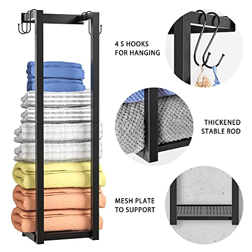 YEMUNY Towel Rack Wall Mounted, Bathroom Towel Holder with Mesh Shelf and 4 Hooks, Metal Towel Storage Organizer Wall can Holds up to 7 Large Size (54 x27 Inch) Rolled Towels, Black