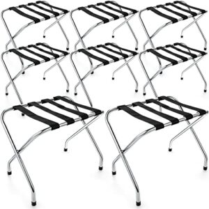 therwen 8 pieces luggage racks bulk folding luggage racks for guest room metal suitcase stand with straps holds up to 110 lbs silver steel luggage holder for hotel bedroom, 25.2 x 16.5 x 20.1 inch