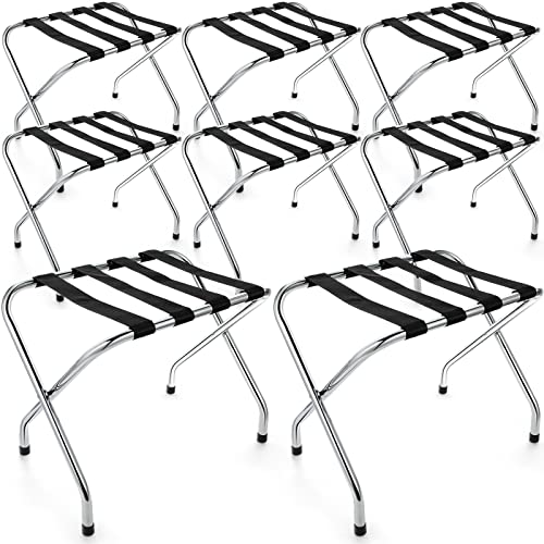 Therwen 8 Pieces Luggage Racks Bulk Folding Luggage Racks for Guest Room Metal Suitcase Stand with Straps Holds up to 110 lbs Silver Steel Luggage Holder for Hotel Bedroom, 25.2 x 16.5 x 20.1 Inch