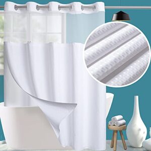 hotel grade fabric shower curtain set with snap in liner for bathroom with see through top window, waffle weave shower curtain, white, machine washable (waffle-white,71w x 74h)