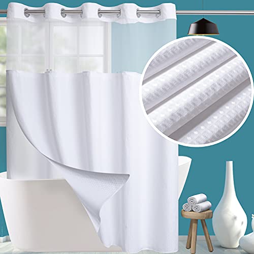 Hotel Grade Fabric Shower Curtain Set with Snap in Liner for Bathroom with See Through Top Window, Waffle Weave Shower Curtain, White, Machine Washable (Waffle-White,71W x 74H)