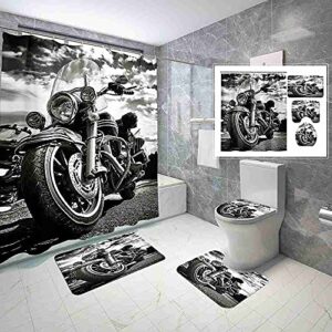 4 piece motorbike waterproof fabric bathroom sets with non-slip rugs, toilet lid cover and bath mat, waterproof shower curtain with standard size