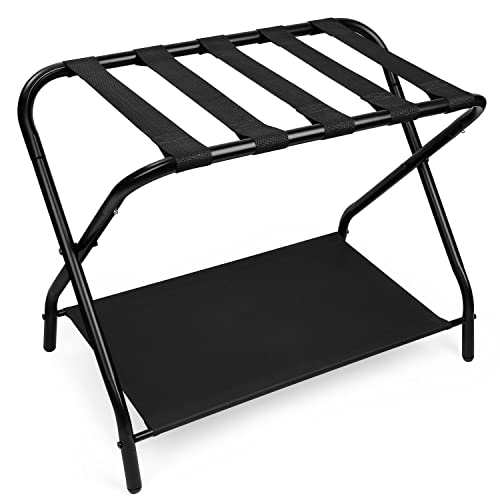 VETIN Luggage Rack, Luggage Racks for Guest Room, Folding Suitcase Stand with Storage Shelf for Bedroom, Black