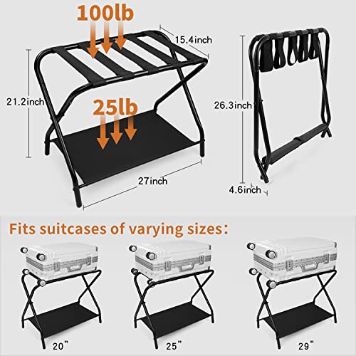 VETIN Luggage Rack, Luggage Racks for Guest Room, Folding Suitcase Stand with Storage Shelf for Bedroom, Black