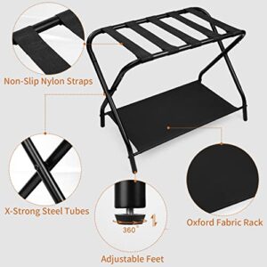 VETIN Luggage Rack, Luggage Racks for Guest Room, Folding Suitcase Stand with Storage Shelf for Bedroom, Black