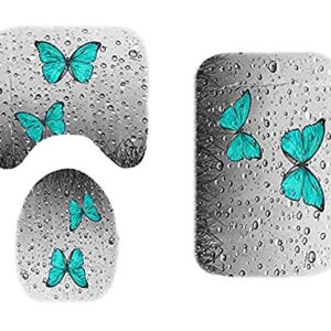 BBSET 4Pcs Shower Curtain Set Teal Butterfly Raindrop Rose Flower Non-Slip Pedestal Rug Toilet Lid Cover Bathroom Bath Mat Doormat Shower Curtain 70x70 inch with 12 Hooks Home Decor (Teal Butterfly)