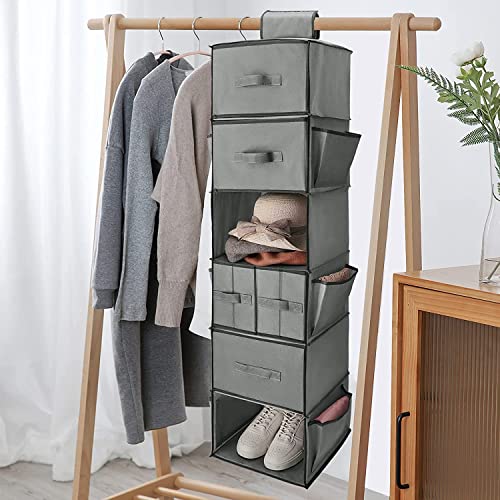 6-Shelves Hanging Closet Organizer, Hanging Closet Storage with 5 Different Drawers 6 Special Pockets for Home Bedroom, RV, Baby Nursery, Dorm Room Closet Organization