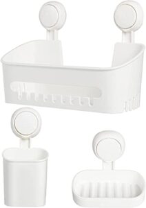 uten shower caddy without drilling & soap dish suction cup & toothbrush holder, 3-in-1 bathroom shelves set made of plastic, reusable for kitchen, bathroom, living room, white