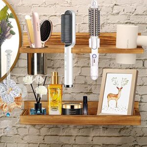 2 layer hair tool organizer wall mount shelves, rustic blow dryer holder, wooden storage shelf bathroom organizer for hair dryer, curling iron, hot tools, vanity accessories, makeup, toiletries