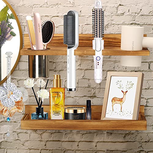 2 Layer Hair Tool Organizer Wall Mount Shelves, Rustic Blow Dryer Holder, Wooden Storage Shelf Bathroom Organizer for Hair Dryer, Curling Iron, Hot Tools, Vanity Accessories, Makeup, Toiletries