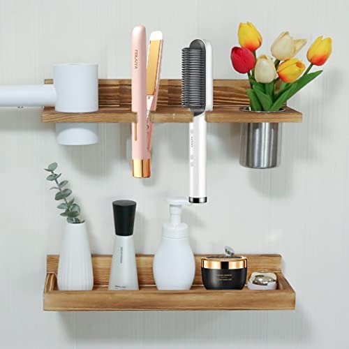 2 Layer Hair Tool Organizer Wall Mount Shelves, Rustic Blow Dryer Holder, Wooden Storage Shelf Bathroom Organizer for Hair Dryer, Curling Iron, Hot Tools, Vanity Accessories, Makeup, Toiletries