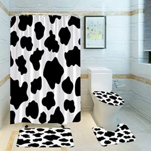 tfggndf 4 piece cow pattern shower curtain sets,black and white classic farm animals skin pattern 70"x 70" bathroom curatin with 12 hooks,17.8"x29.5" bath mat,toilet seat cover, u-shaped toilet
