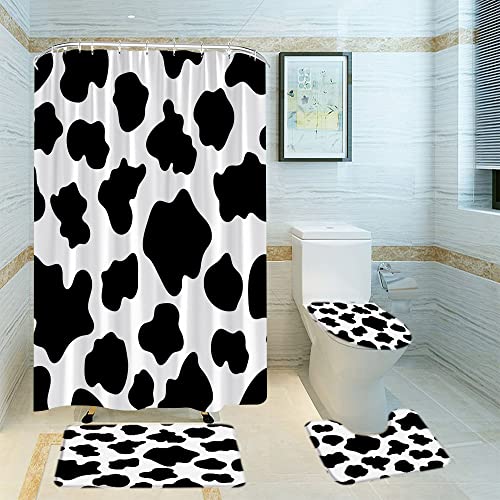 TFGGNDF 4 Piece Cow Pattern Shower Curtain Sets,Black and White Classic Farm Animals Skin Pattern 70"x 70" Bathroom Curatin with 12 Hooks,17.8"x29.5" Bath Mat,Toilet Seat Cover, U-Shaped Toilet