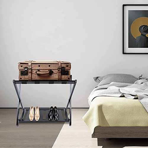 bimiti Bamboo Folding Luggage Rack with Shoe Shelf Double-Layer Luggage Rack Strong Bearing Capacity Luggage Holder for Bedroom,Guest Room,Hotel,Black