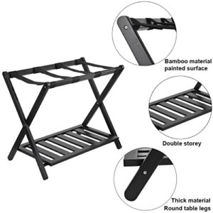 bimiti Bamboo Folding Luggage Rack with Shoe Shelf Double-Layer Luggage Rack Strong Bearing Capacity Luggage Holder for Bedroom,Guest Room,Hotel,Black