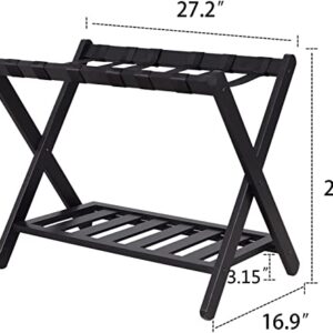 bimiti Bamboo Folding Luggage Rack with Shoe Shelf Double-Layer Luggage Rack Strong Bearing Capacity Luggage Holder for Bedroom,Guest Room,Hotel,Black