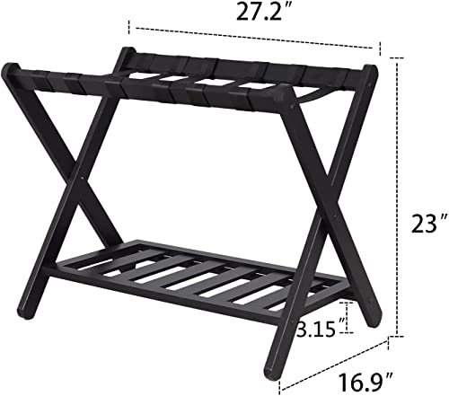 bimiti Bamboo Folding Luggage Rack with Shoe Shelf Double-Layer Luggage Rack Strong Bearing Capacity Luggage Holder for Bedroom,Guest Room,Hotel,Black