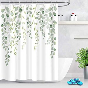 ecotob green leaves shower curtain for bathroom, spring watercolor plant floral round eucalyptus green leaf fabric bathroom decor set with shower curtain hooks, 72x79 inch