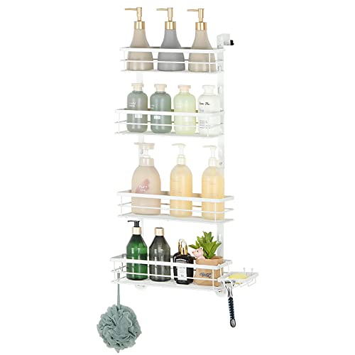 Hanging Shower Caddy, Adjustable 4 Tier Over The Door Shower Caddy, Rustproof Stainless Shower Organizer Hanging Shower Shelf with Soap Holder Basket and Hooks for Bathroom, White