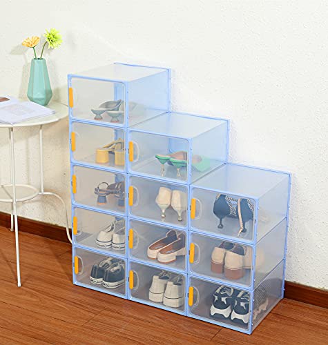 Shoe Storage Boxes Clear Plastic Stackable - 12 Pack Large Size Drawer ​Type Premium Plastic Stackable Organizer for Closet - Perfect Sneaker Shoe Container and Holder for Men, Women, Kids