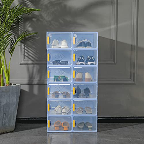 Shoe Storage Boxes Clear Plastic Stackable - 12 Pack Large Size Drawer ​Type Premium Plastic Stackable Organizer for Closet - Perfect Sneaker Shoe Container and Holder for Men, Women, Kids