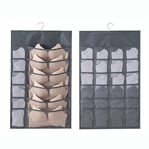 HwaGui Closet Hanging Bra Organizer with Mesh Pockets & Rotating Metal Hanger,Dual Sided Wall Shelf Wardrobe Storage Bags Pockets,Space Saver Bag for Socks Underwear Underpants,Grey(12+24 Grids)