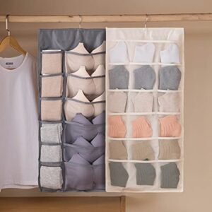 HwaGui Closet Hanging Bra Organizer with Mesh Pockets & Rotating Metal Hanger,Dual Sided Wall Shelf Wardrobe Storage Bags Pockets,Space Saver Bag for Socks Underwear Underpants,Grey(12+24 Grids)