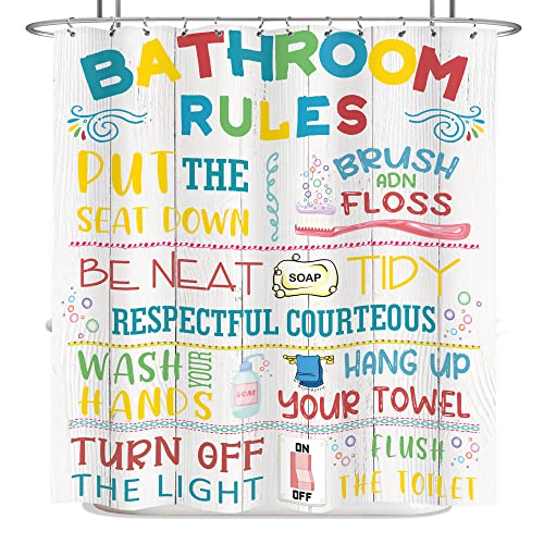 LIGHTINHOME Bathroom Rules Shower Curtain 72Wx72H Inches Kids Funny Motivational Words Colorful Inspirational Quotes Wood Planks Cloth Fabric Waterproof Polyester Bathroom Home Decor Set with Hooks
