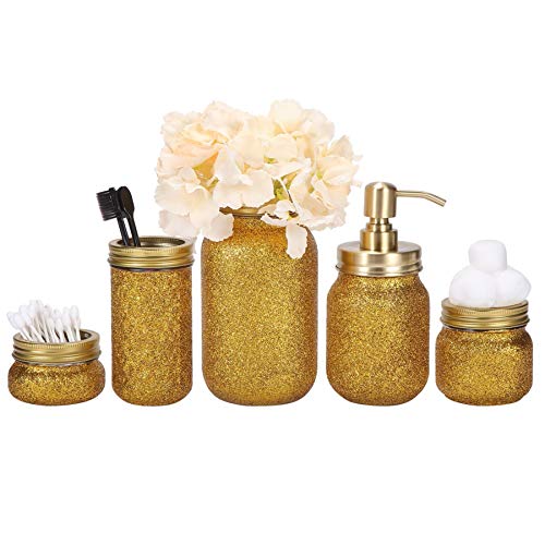 Quotidian Glitter Mason Jar Bathroom Set 5 Piece with Soap Dispenser,Flower Vase, Toothbrush Holder for Wedding House Decor Countertop and Vanity Organizer Bathroom Accessory Sets (Gold)