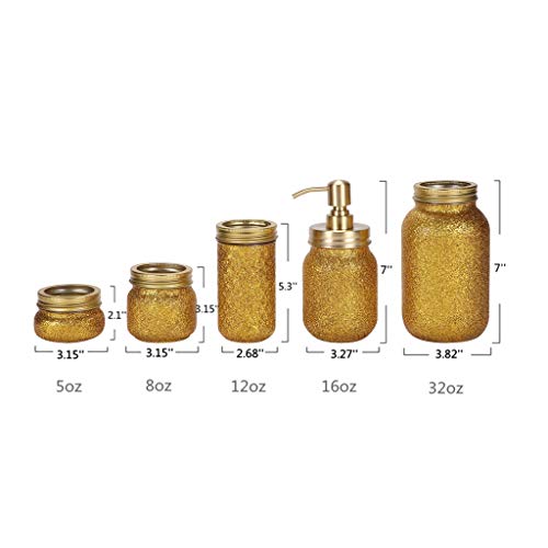 Quotidian Glitter Mason Jar Bathroom Set 5 Piece with Soap Dispenser,Flower Vase, Toothbrush Holder for Wedding House Decor Countertop and Vanity Organizer Bathroom Accessory Sets (Gold)