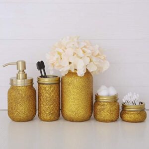 Quotidian Glitter Mason Jar Bathroom Set 5 Piece with Soap Dispenser,Flower Vase, Toothbrush Holder for Wedding House Decor Countertop and Vanity Organizer Bathroom Accessory Sets (Gold)