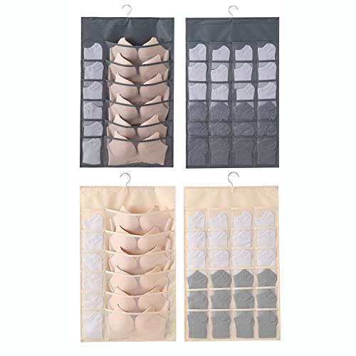 2 Pcs Closet Hanging Organizer with Mesh Pockets & Rotating Metal Hanger, Dual Sided Wall Shelf Wardrobe Storage Bags Pockets, Space Saver Bag for Bra Socks Underwear Underpants (Beige&Grey)