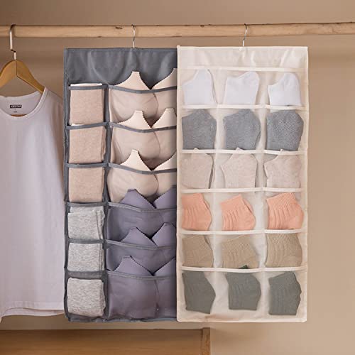 2 Pcs Closet Hanging Organizer with Mesh Pockets & Rotating Metal Hanger, Dual Sided Wall Shelf Wardrobe Storage Bags Pockets, Space Saver Bag for Bra Socks Underwear Underpants (Beige&Grey)