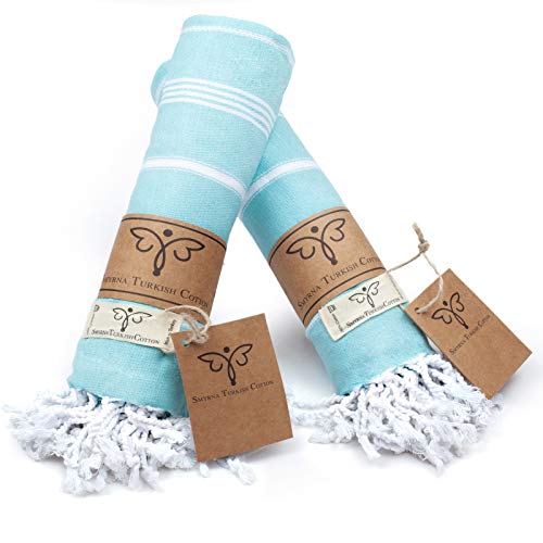 Smyrna Original Turkish Hand Towels Classical Series Set of 2 | 100% Cotton, 16 x 40 Inches | Decorative Bathroom Peshtemal Towel for Hand, Face, Hair, Gym, Yoga, Tea, Kitchen and Bath (Mint)