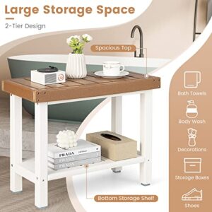 Giantex Shower Bench Stool Waterproof - HDPE Shower Seat with Storage Shelf for Shaving Legs, Non-Slip Foot Pads, Spa Bath Step Foot Rest for Bathroom Entryway Indoor Outdoor (Brown & White)