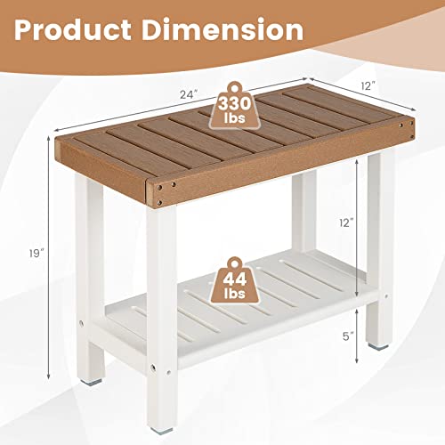 Giantex Shower Bench Stool Waterproof - HDPE Shower Seat with Storage Shelf for Shaving Legs, Non-Slip Foot Pads, Spa Bath Step Foot Rest for Bathroom Entryway Indoor Outdoor (Brown & White)