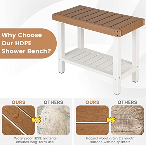 Giantex Shower Bench Stool Waterproof - HDPE Shower Seat with Storage Shelf for Shaving Legs, Non-Slip Foot Pads, Spa Bath Step Foot Rest for Bathroom Entryway Indoor Outdoor (Brown & White)