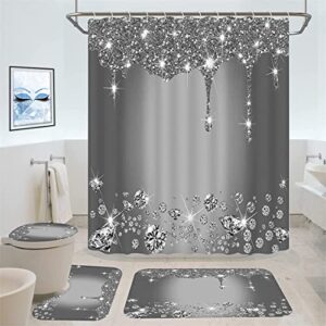 4pcs glitter diamond shower curtains with rugs bath mat toilet lid cover and 12 hooks waterproof bling bathroom shower curtain set