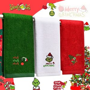 large size grinch christmas hand towels 16" x 27", 100% pure cotton bathroom decorative grinch towels washcloths kitchen merry grinchmas towels stink stank stunk perfect christmas decor, pack of 3