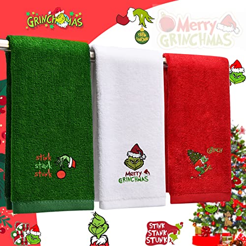 Large Size Grinch Christmas Hand Towels 16" x 27", 100% Pure Cotton Bathroom Decorative Grinch Towels Washcloths Kitchen Merry Grinchmas Towels Stink Stank Stunk Perfect Christmas Decor, Pack of 3