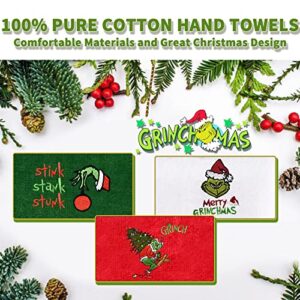 Large Size Grinch Christmas Hand Towels 16" x 27", 100% Pure Cotton Bathroom Decorative Grinch Towels Washcloths Kitchen Merry Grinchmas Towels Stink Stank Stunk Perfect Christmas Decor, Pack of 3