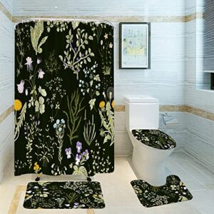 4pcs black floral shower curtain set with rug watercolor flower herbal plant green leaves wildflower herbs fabric bathroom curtains decor set with hooks(bath mat,u shape and toilet lid cover mat)