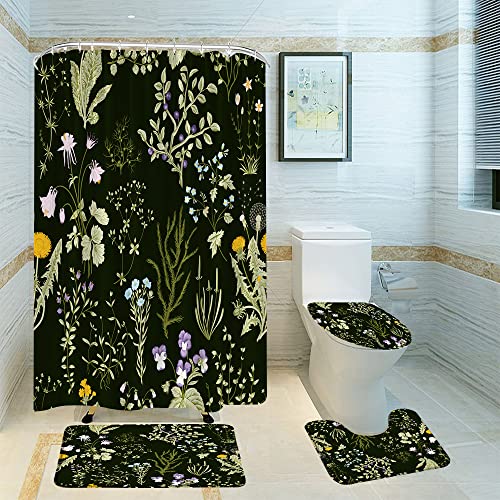 4pcs Black Floral Shower Curtain Set with Rug Watercolor Flower Herbal Plant Green Leaves Wildflower Herbs Fabric Bathroom Curtains Decor Set with Hooks(Bath Mat,U Shape and Toilet Lid Cover Mat)