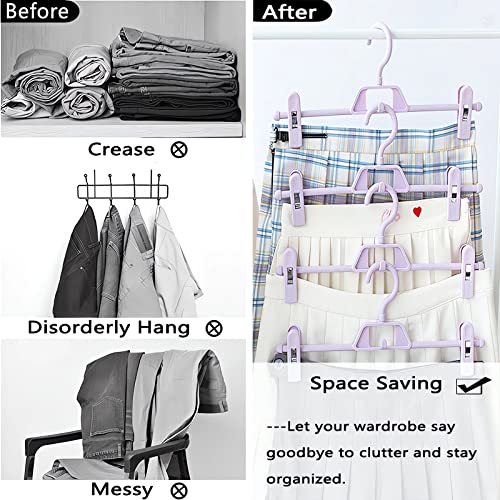 Pant Hangers with Clips, 10pcs Skirt Hangers, Multifunctional Space Saving Adjustable Clips Home Non- Slip Plastic Pants Hangers, Closet Organizer for Pants Jeans Trousers Skirts (Purple)