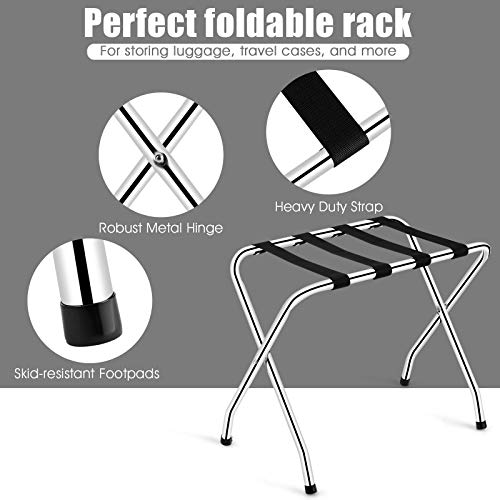 Byroce Foldable Rack, Chromed Suitcase Nylon Belts, No Assembly Required for Home Bedroom Guest Room Hotel, Durable Folding Bag, Commercial Luggage Stand Holder for Easy S, Silver, Black