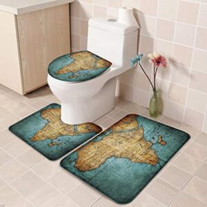 3 Piece Bath Rugs Non-Slip Mat Set Vintage Brown and Green Africa Map Absorbent Carpet Mats Durable Contour Mat and Toilet Seat Cover for Tub Toilet Shower Bathroom